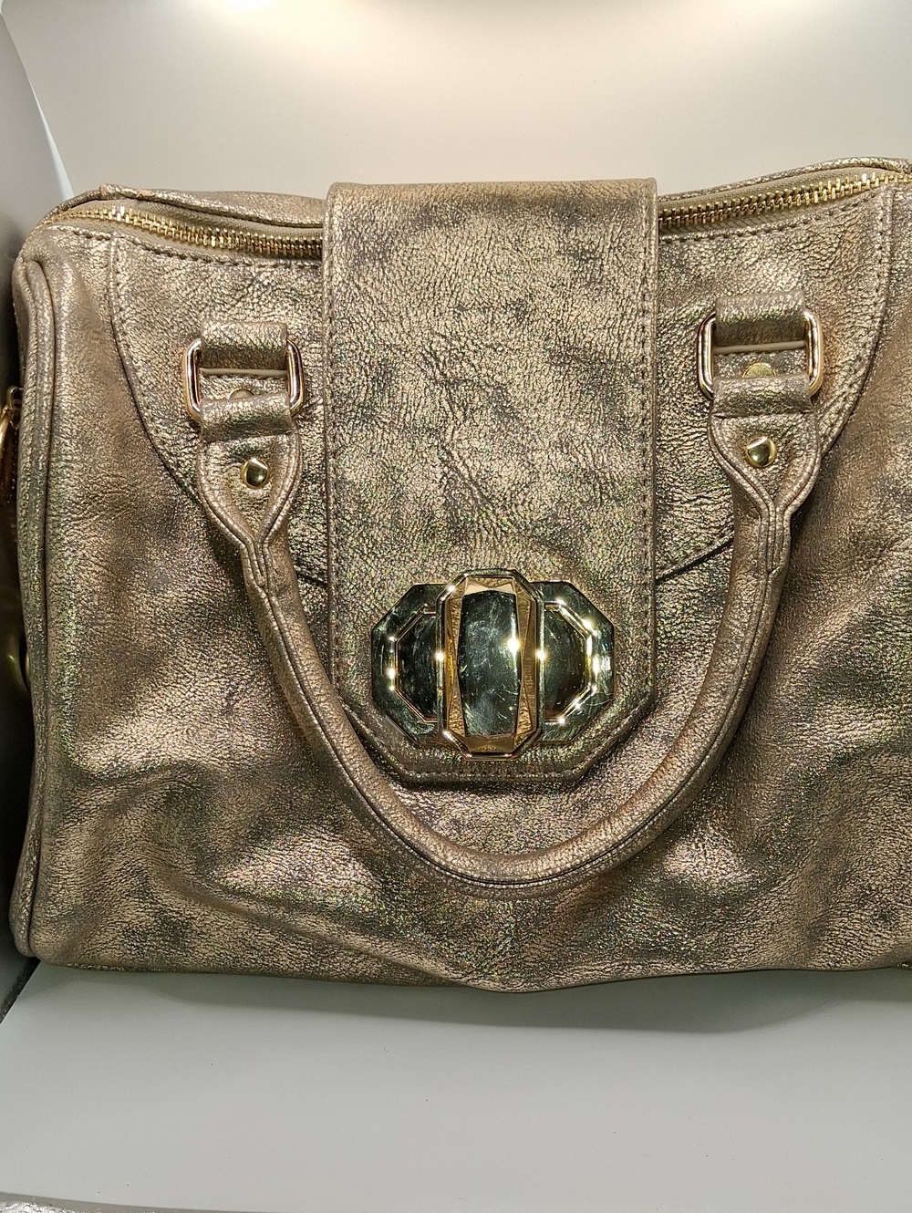 Deux Lux Metallic Gold Satchel with Gem Clasp